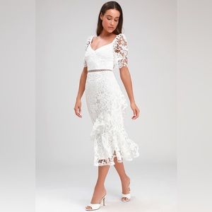 Lulus Bridal Briarwood white lace ruffled midi dress